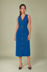 Vestido midi decote V cintado