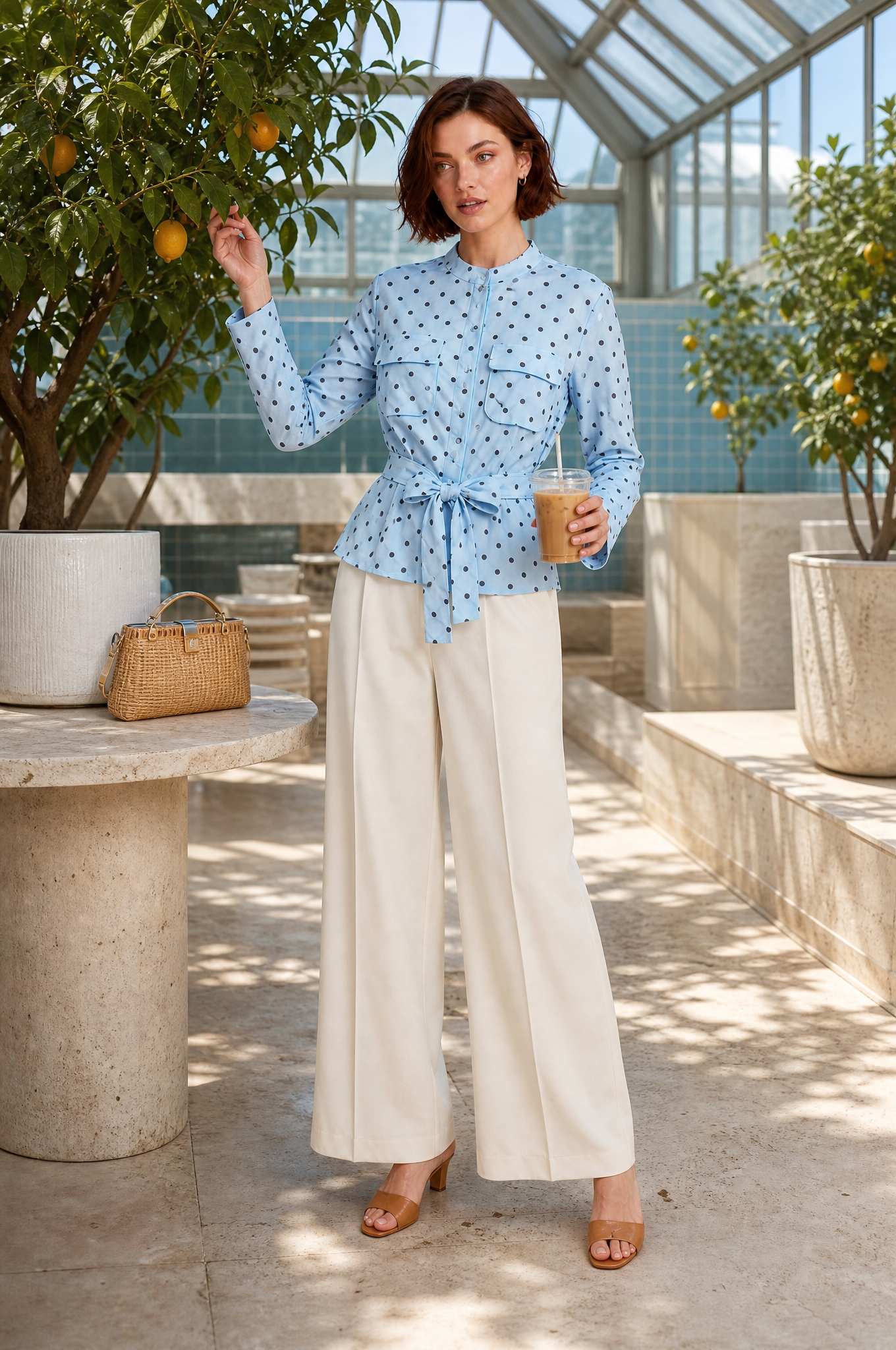 Veste chemise bleu clair à pois | Photo lifestyle | Lounelle Paris