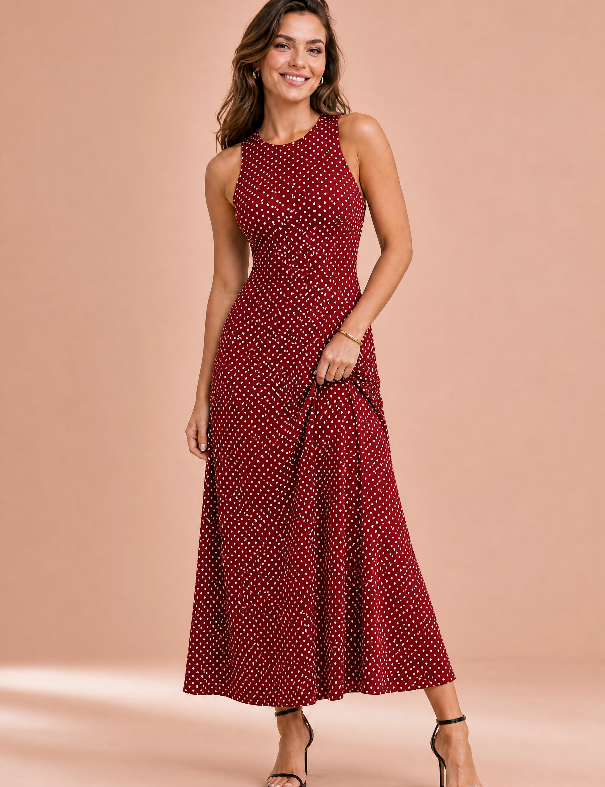 Robe longue à pois dos nu | Variante Bordeaux | Lounelle Paris