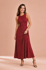 Vestido longo de costas nuas com bolinhas
