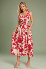 Vestido midi vermelho florido de costas nuas