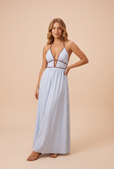 Vestido longo listrado de costas nuas