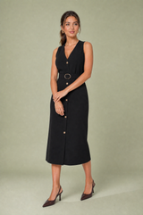 Vestido midi decote V cintado