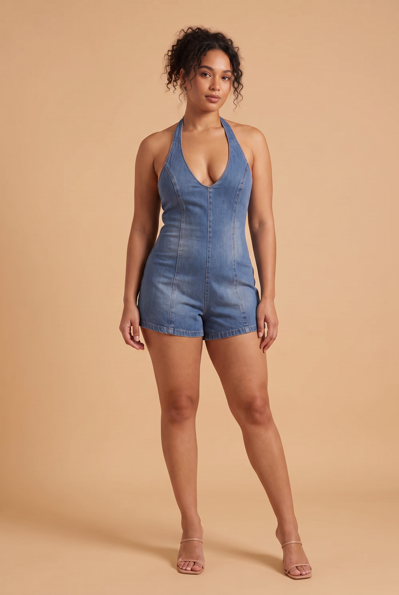 Combishort bleu col licou dos nu | Porté sur une autre silhouette | Lounelle Paris