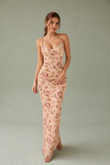 Vestido longo florido abricot de costas nuas