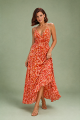 Vestido longo vermelho decote em V costas nuas