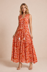 Vestido estampado decote V franjas