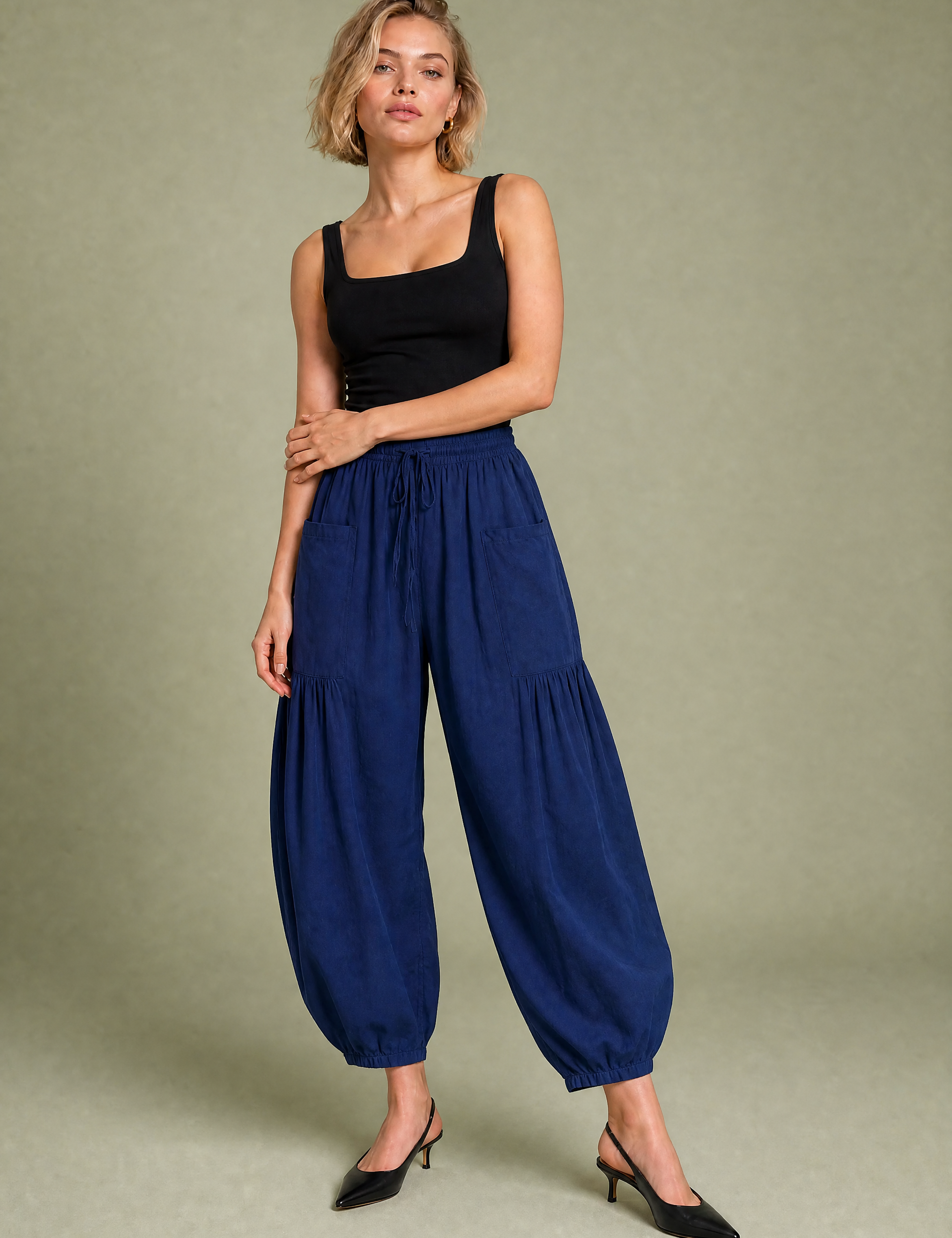 Pantalon large taille haute plissé | Variante Bleu | Lounelle Paris