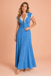 Robe longue bleue à pois col V | Vue de face | Lounelle Paris
