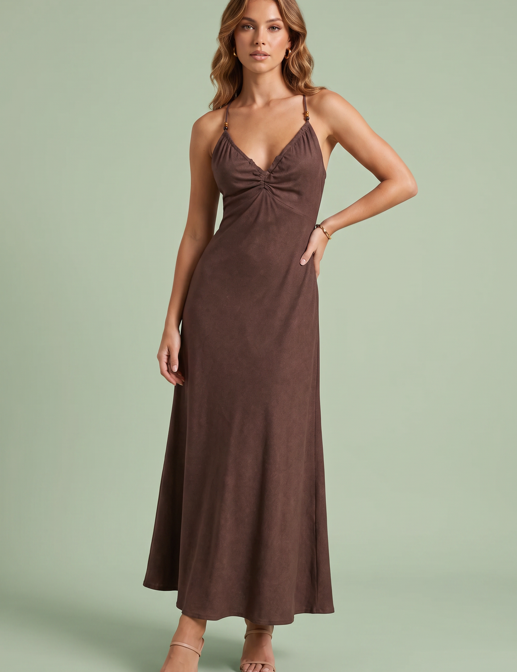 Robe longue marron bretelles croisées | Vue de face | Lounelle Paris