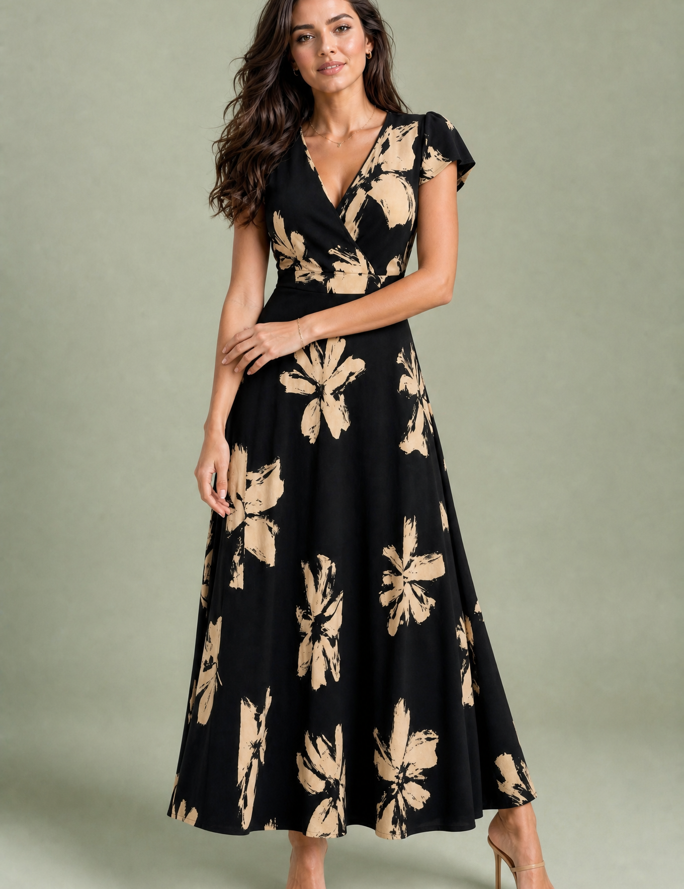 Robe longue imprimée col V | Variante Noir | Lounelle Paris