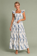 Vestido longo cru estampado floral decote quadrado