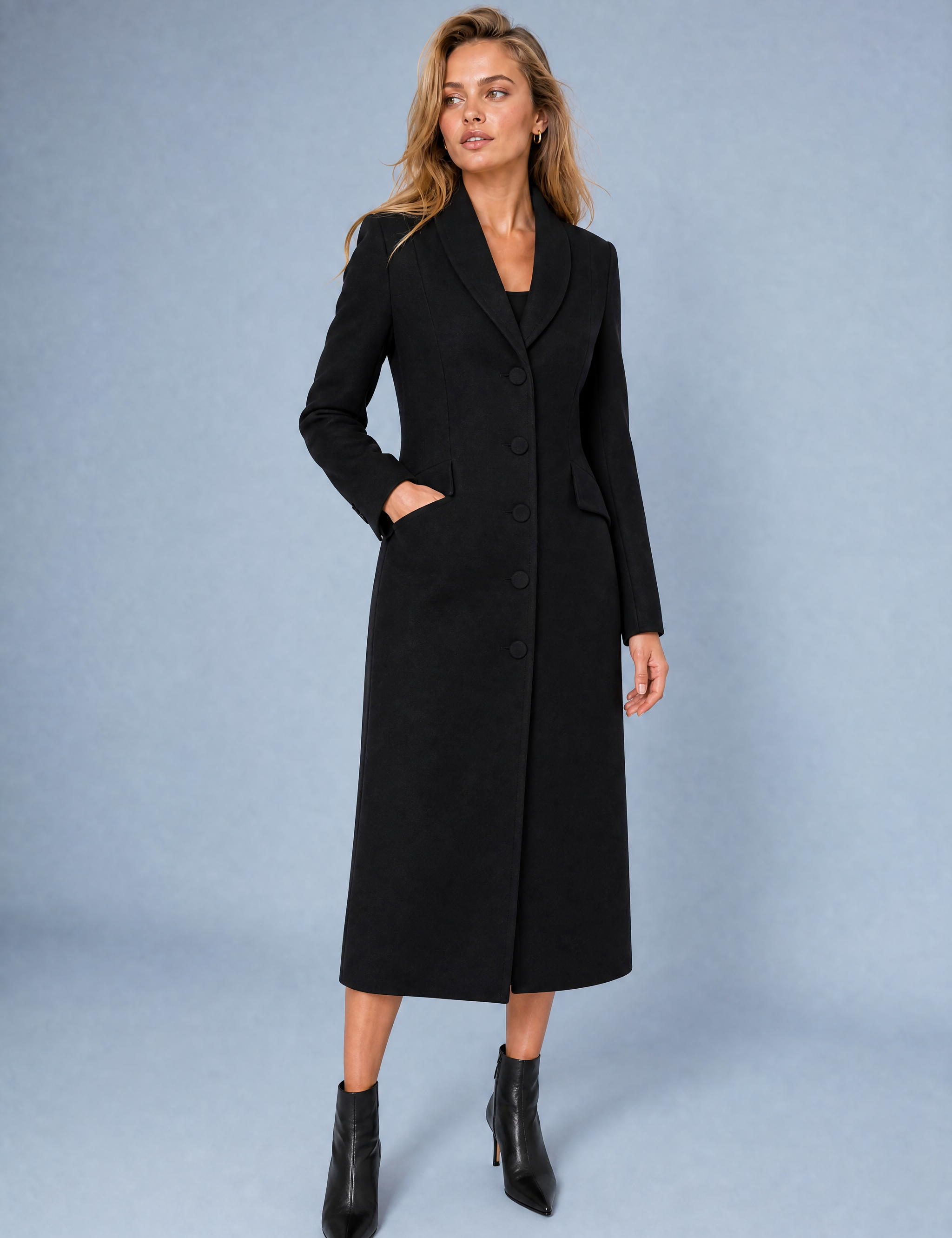 Manteau long cintré à col tailleur | Variante Noir | Lounelle Paris