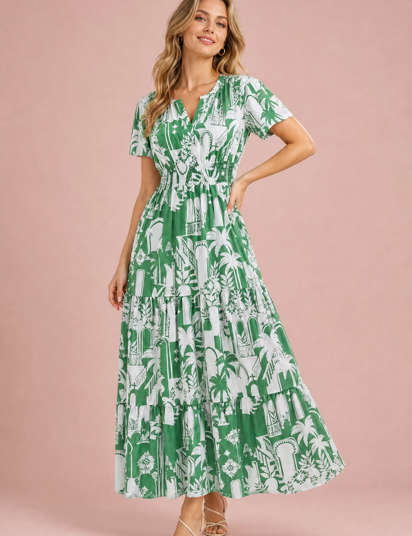 Robe longue verte imprimée col V | Vue de face | Lounelle Paris