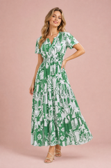 Vestido longo verde estampado decote em V