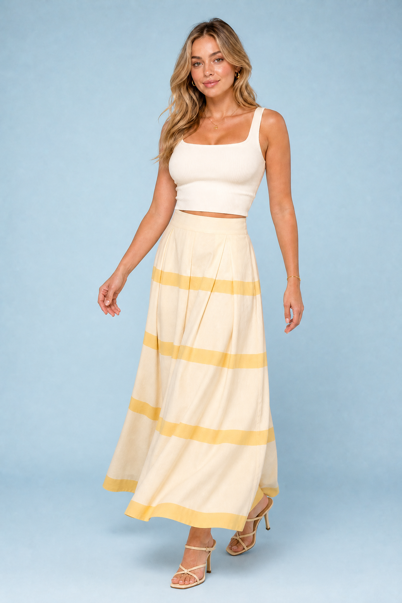 Jupe longue jaune rayée taille haute | Vue en mouvement | Lounelle Paris