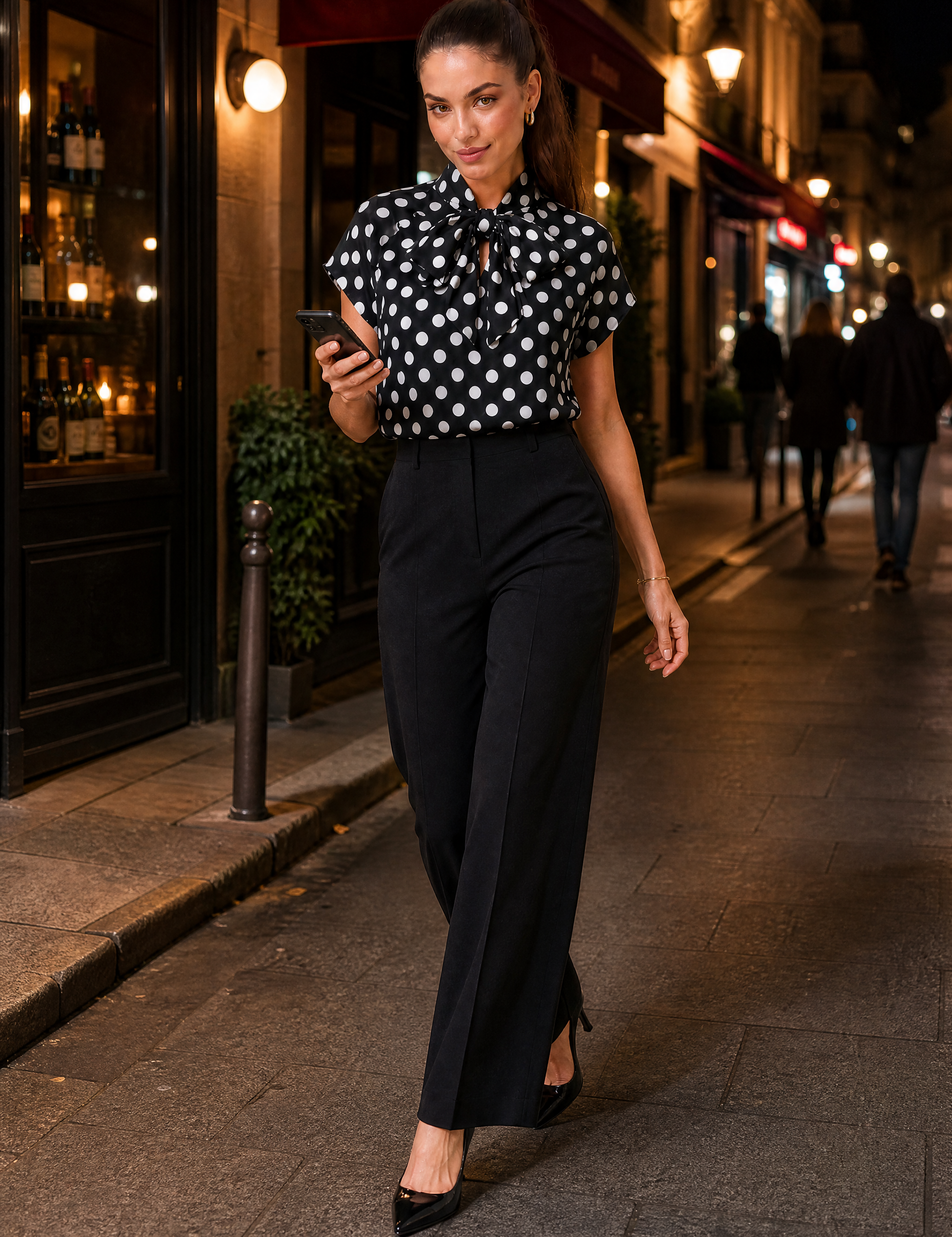 Chemisier à pois col lavallière | Variante Noir - Lifestyle | Lounelle Paris