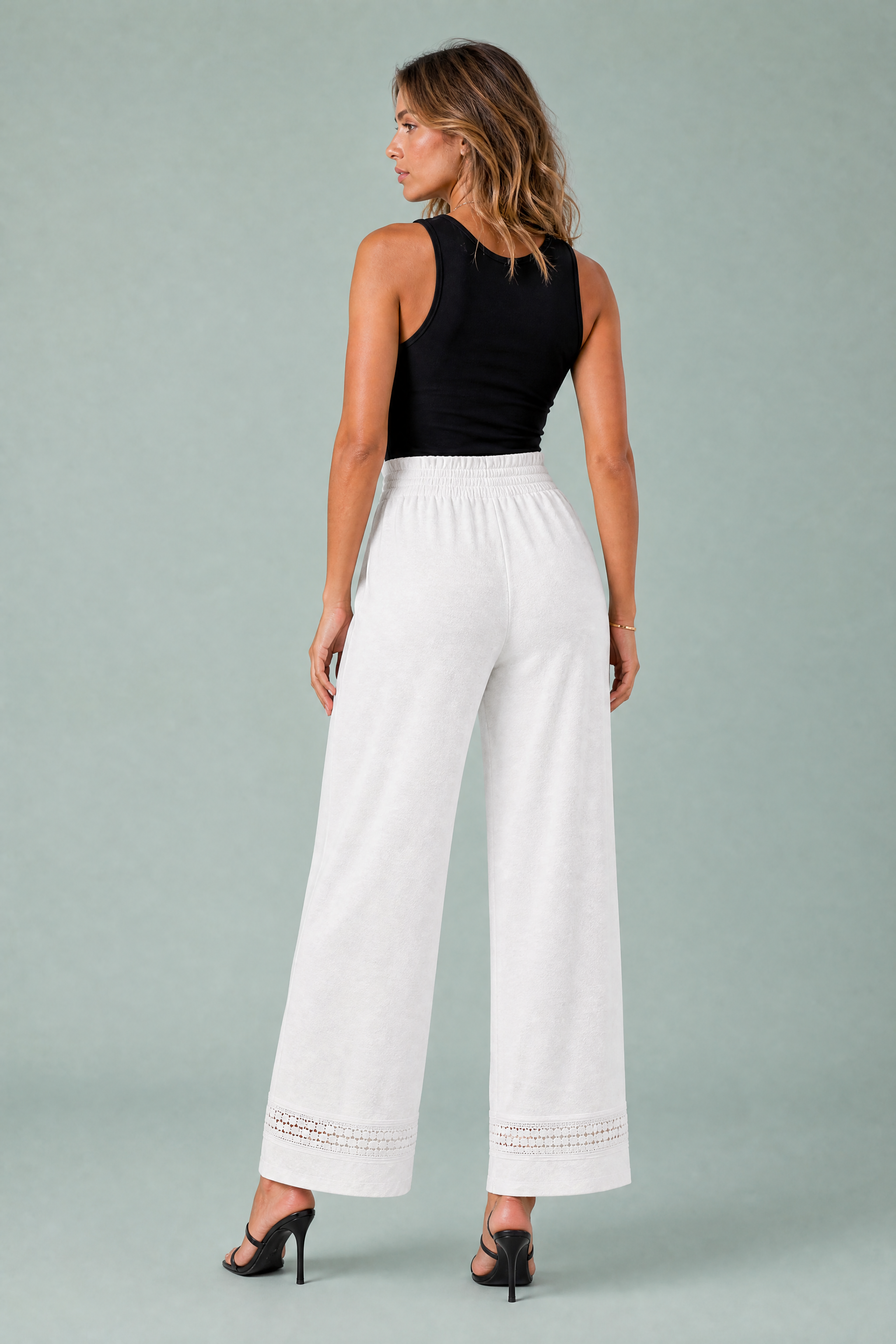 Pantalon blanc taille haute dentelle | Vue de dos | Lounelle Paris