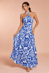 Vestido longo azul decote halter costas nuas