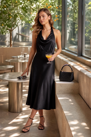 Robe noire col licou satinée | Photo lifestyle | Lounelle Paris