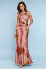 Vestido longo bege rosado estampado