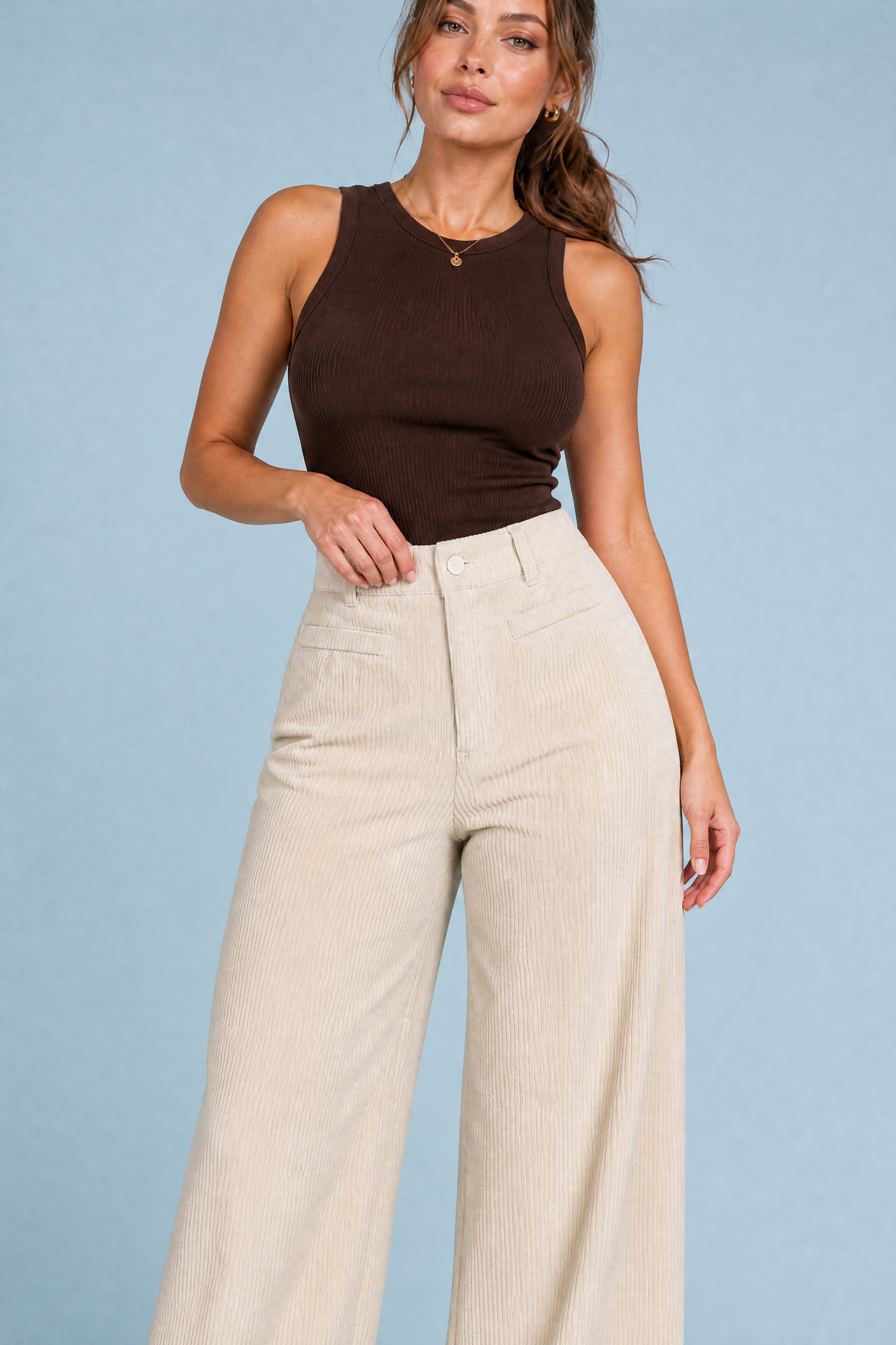 Pantalon large velours côtelé taille haute | Vue rapprochée | Lounelle Paris