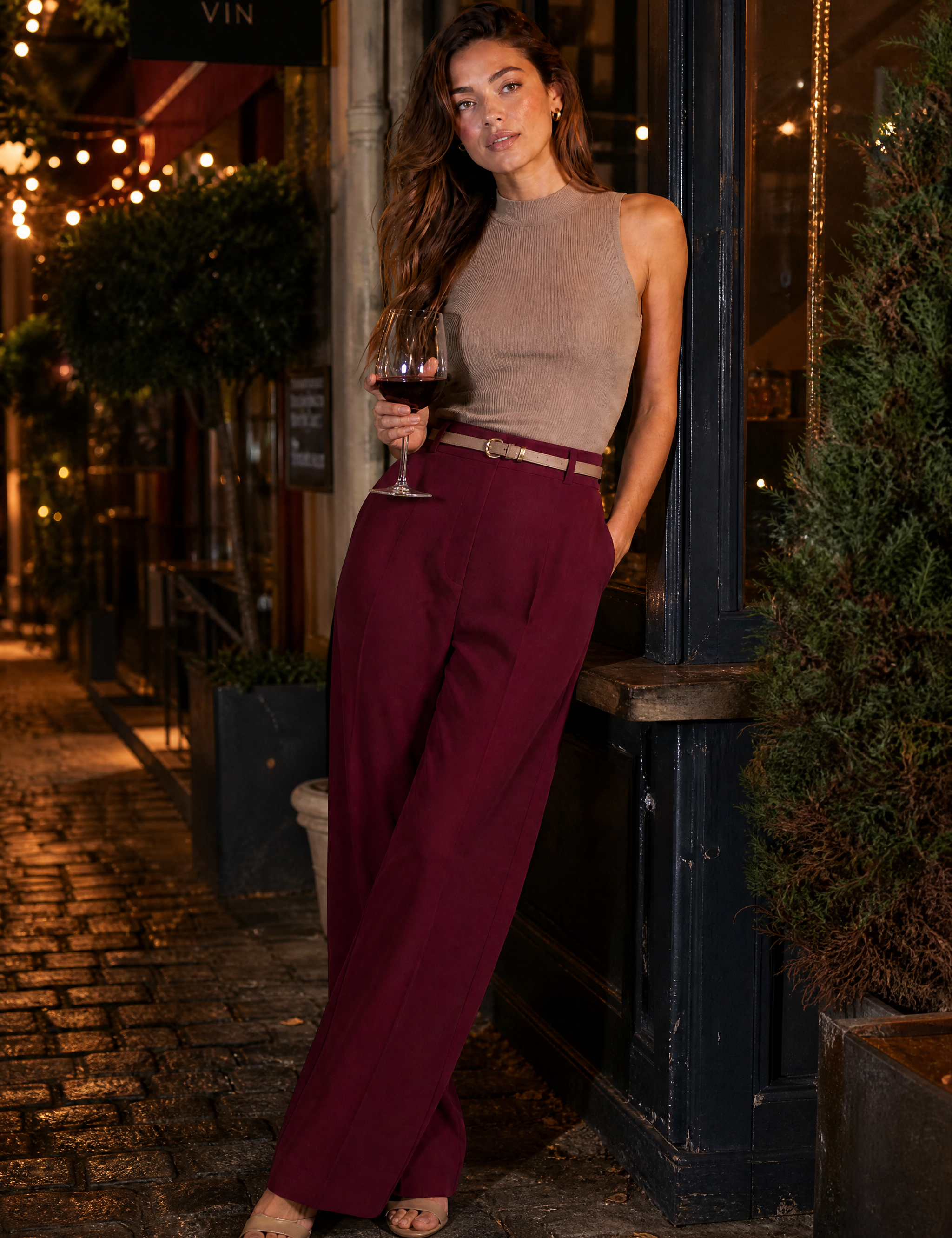 Pantalon fluide taille haute jambe large | Variante Bordeaux - Lifestyle | Lounelle Paris