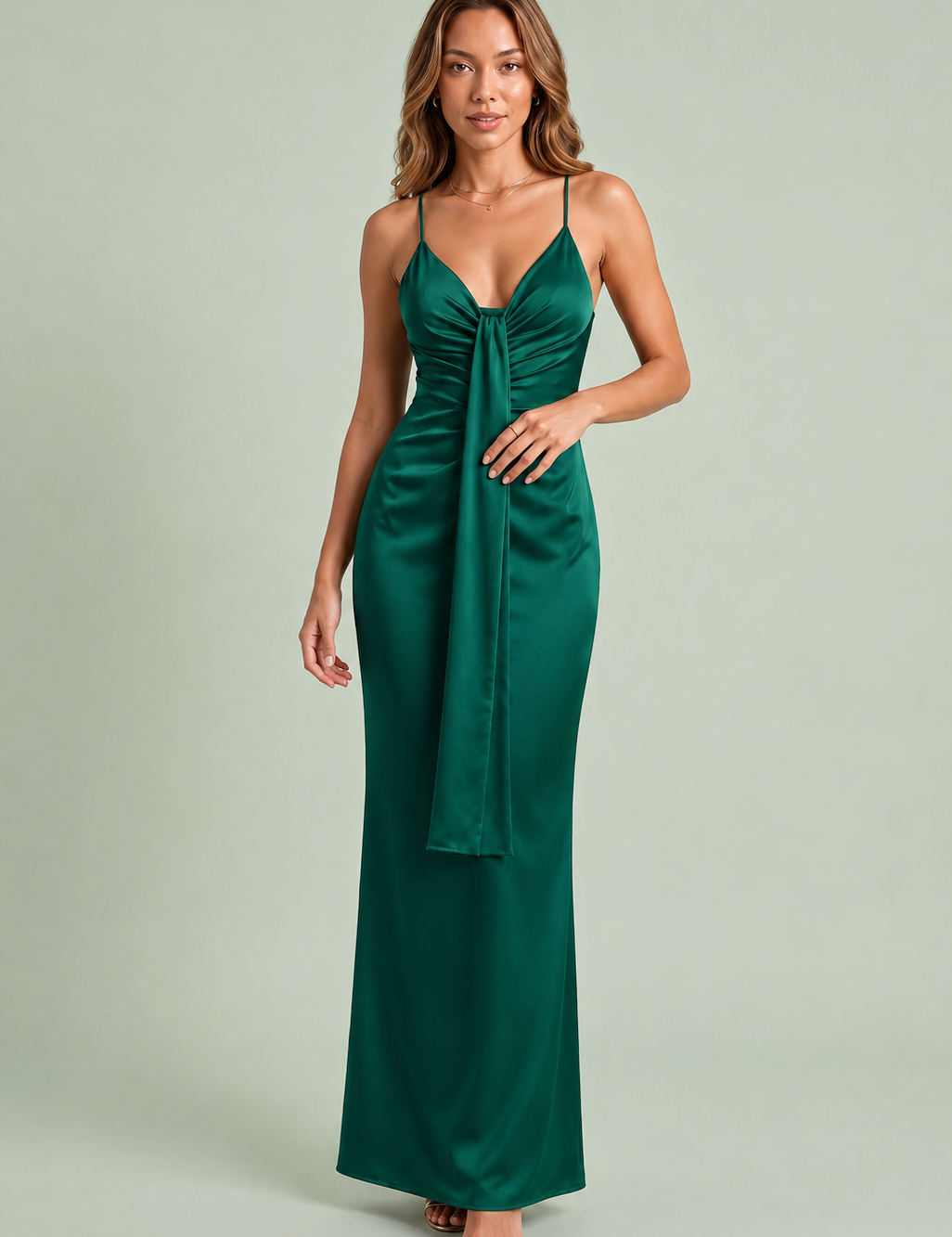 Vestido longo drapeado com decote em V