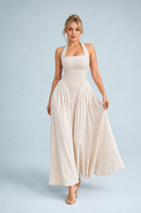 Vestido longo abricot halter costas nuas