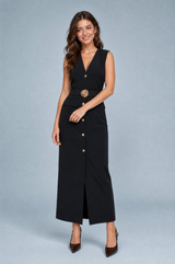 Vestido longo com decote em V e cinto