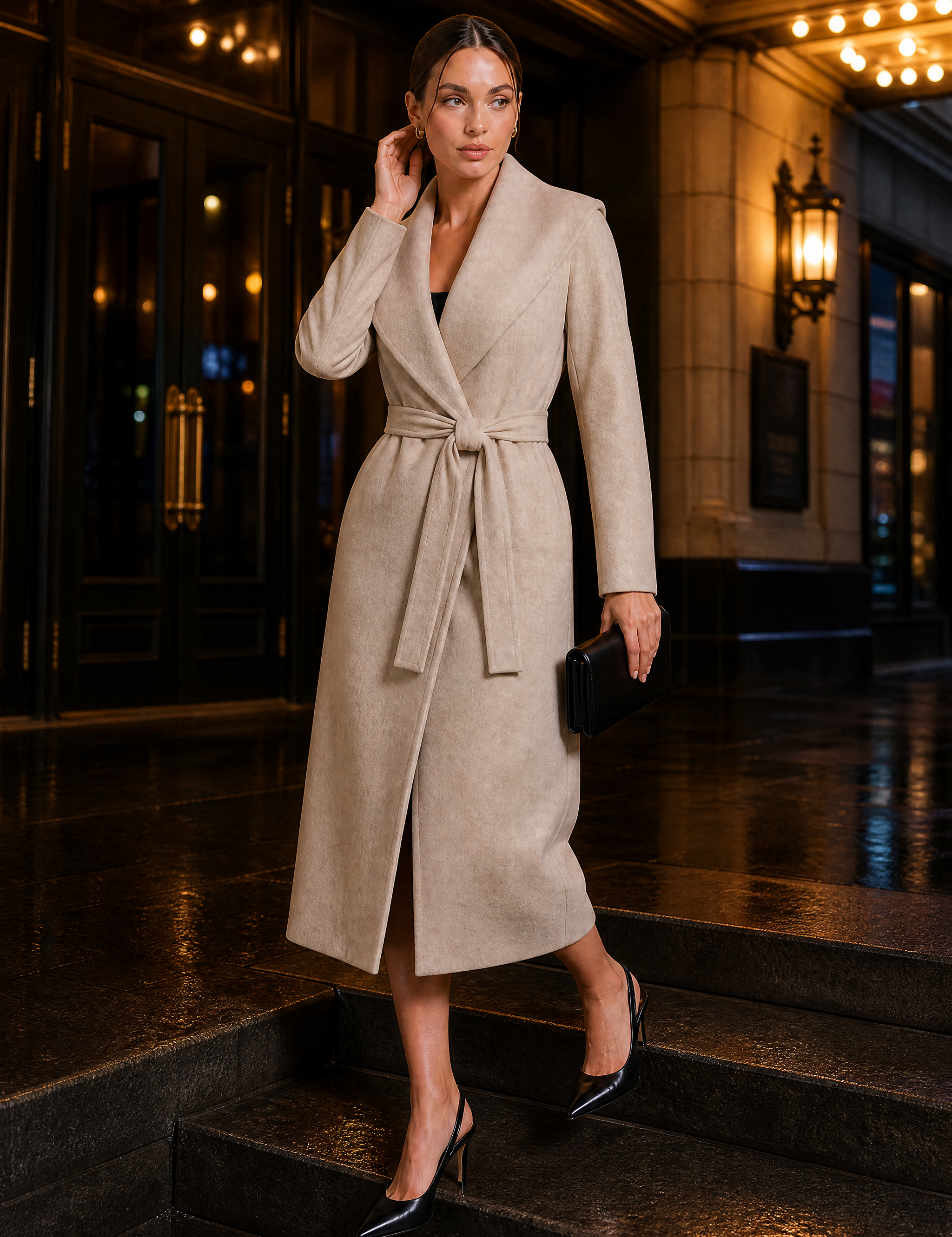 Manteau long col châle ceinturé | Variante Beige - Lifestyle | Lounelle Paris