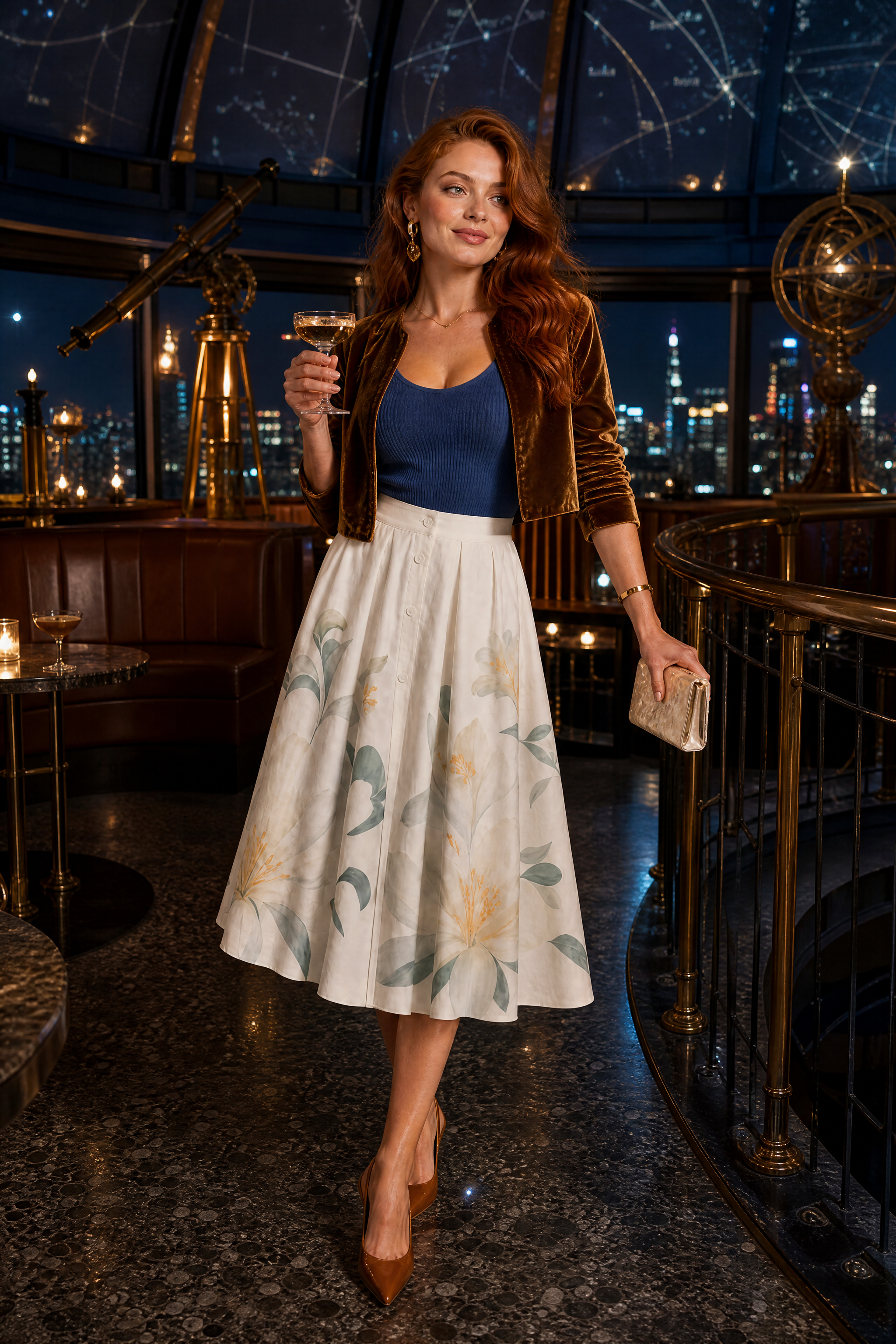 Jupe midi beige fleurie taille haute | Deuxième photo lifestyle | Lounelle Paris