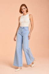 Jeans azul perna larga croché