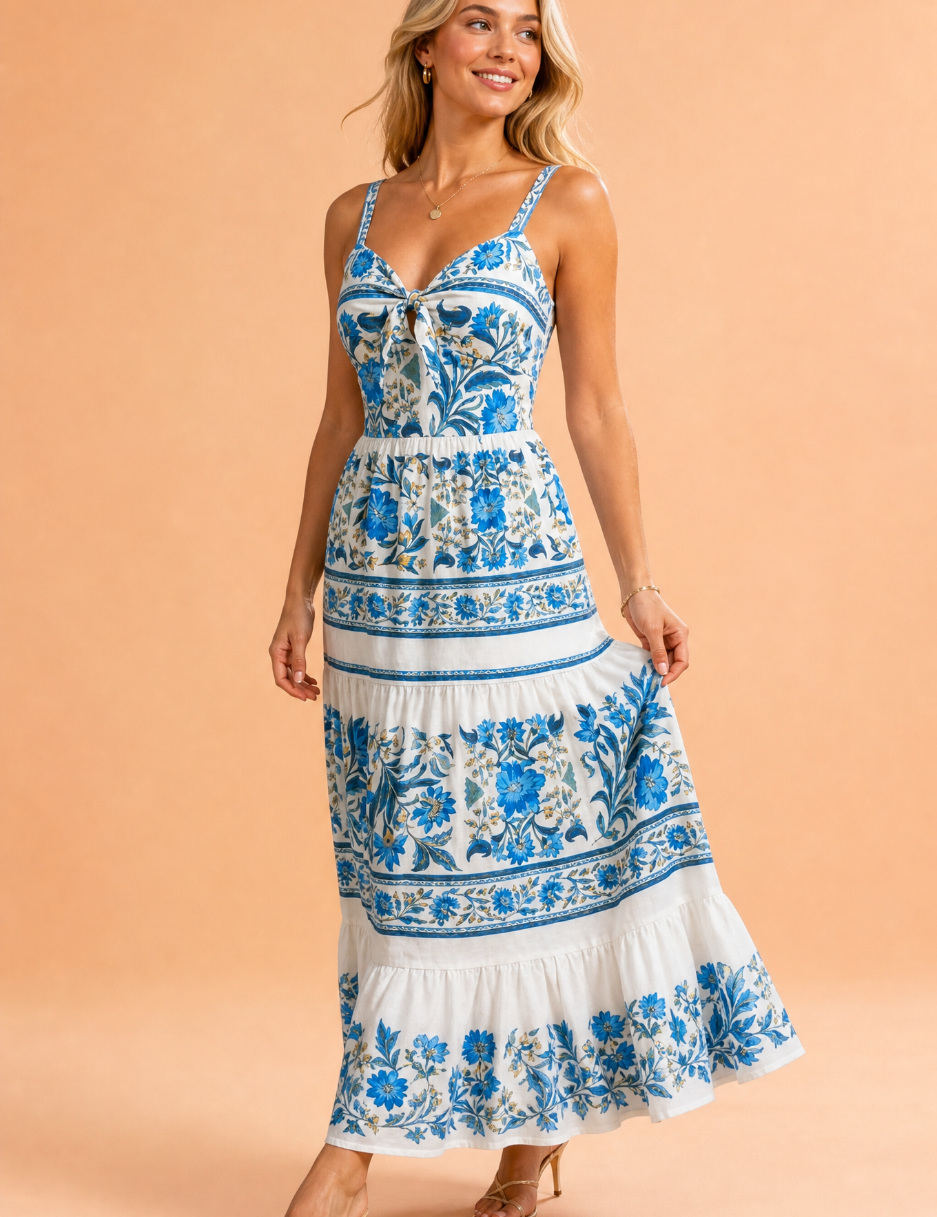 Robe longue bleue à bretelles | Vue de face | Lounelle Paris