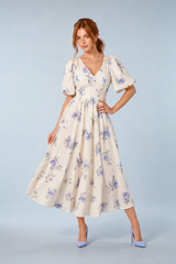Vestido longo écru estampado decote V
