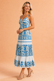 Robe longue bleue à bretelles | Vue de profil | Lounelle Paris