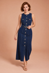 Vestido longo azul escuro sem mangas