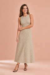 Vestido longo de costas nuas com bolinhas