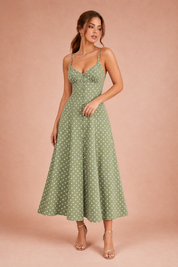 Robe longue verte à pois bretelles | Vue de face | Lounelle Paris