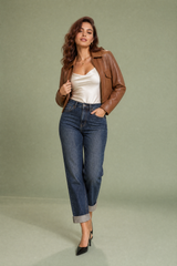 Calças jeans azul escuro cintura alta corte reto