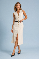 Conjunto creme decote em V com cinto