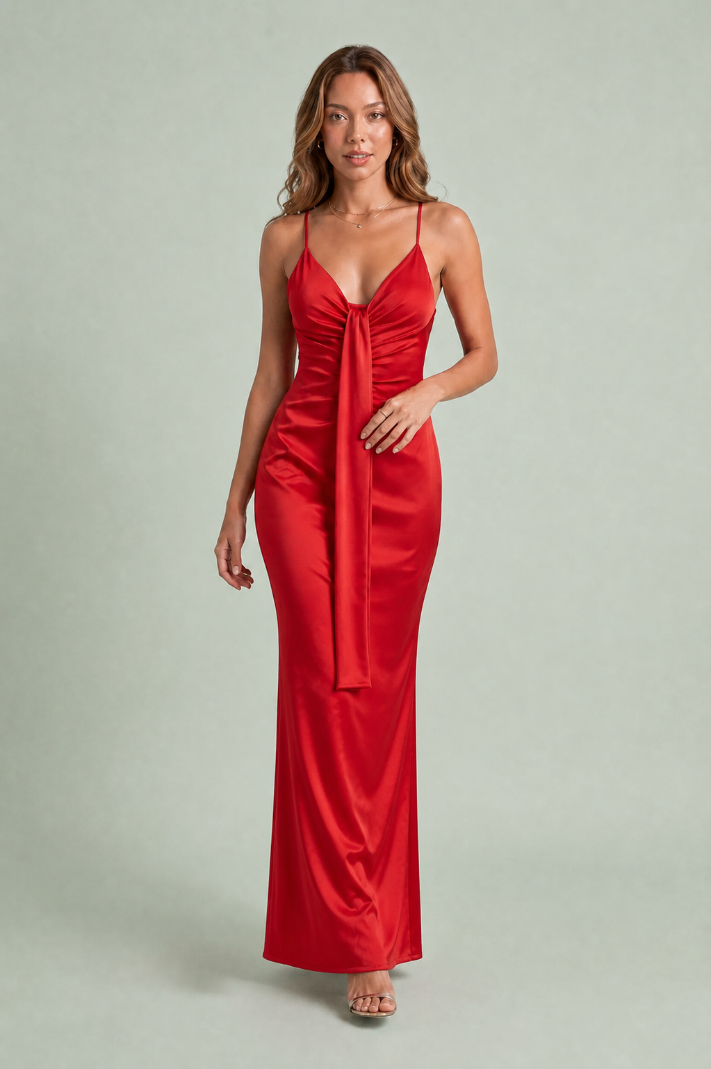 Vestido longo drapeado com decote em V