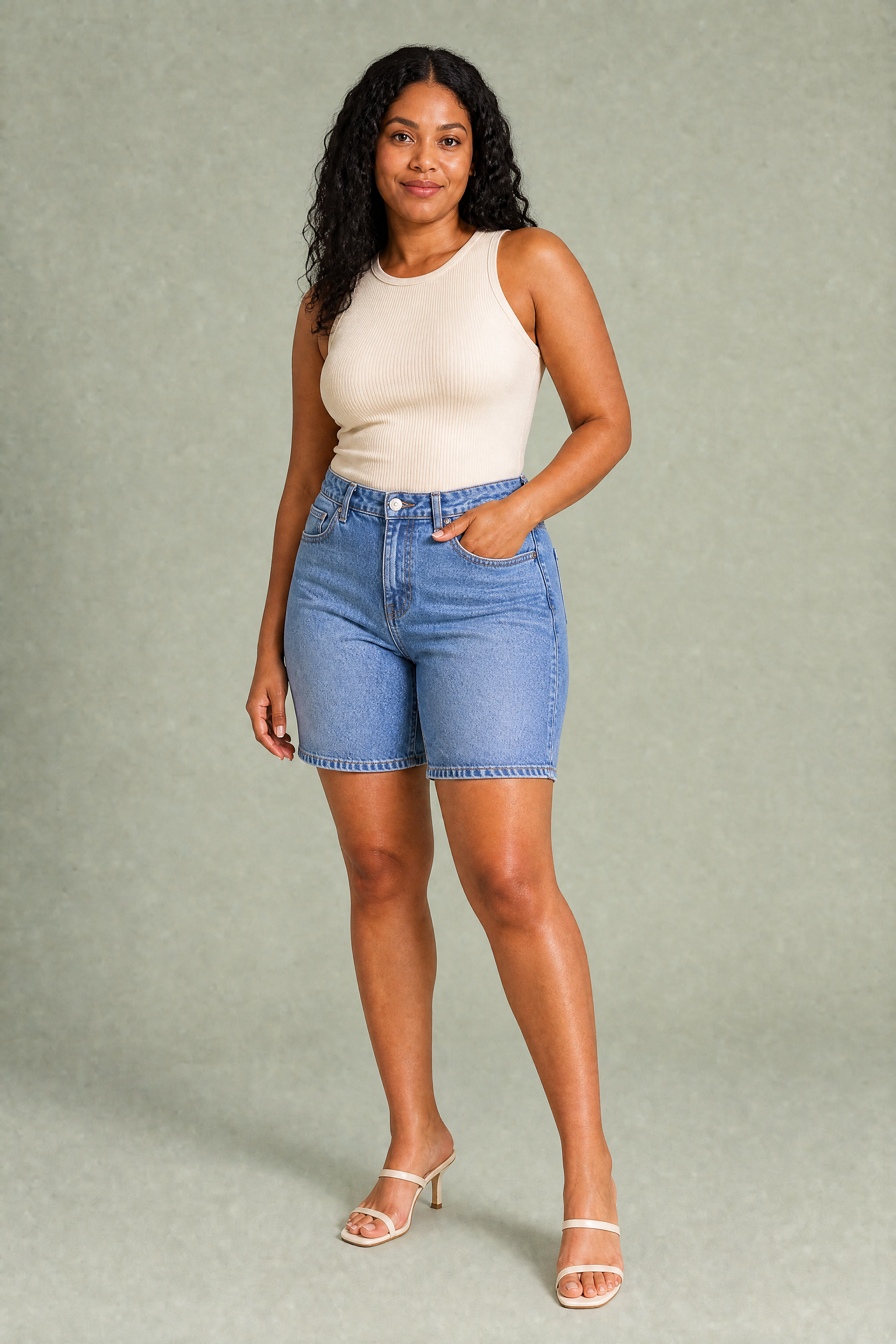 Short denim ample taille mi-haute | Porté sur une autre silhouette | Lounelle Paris