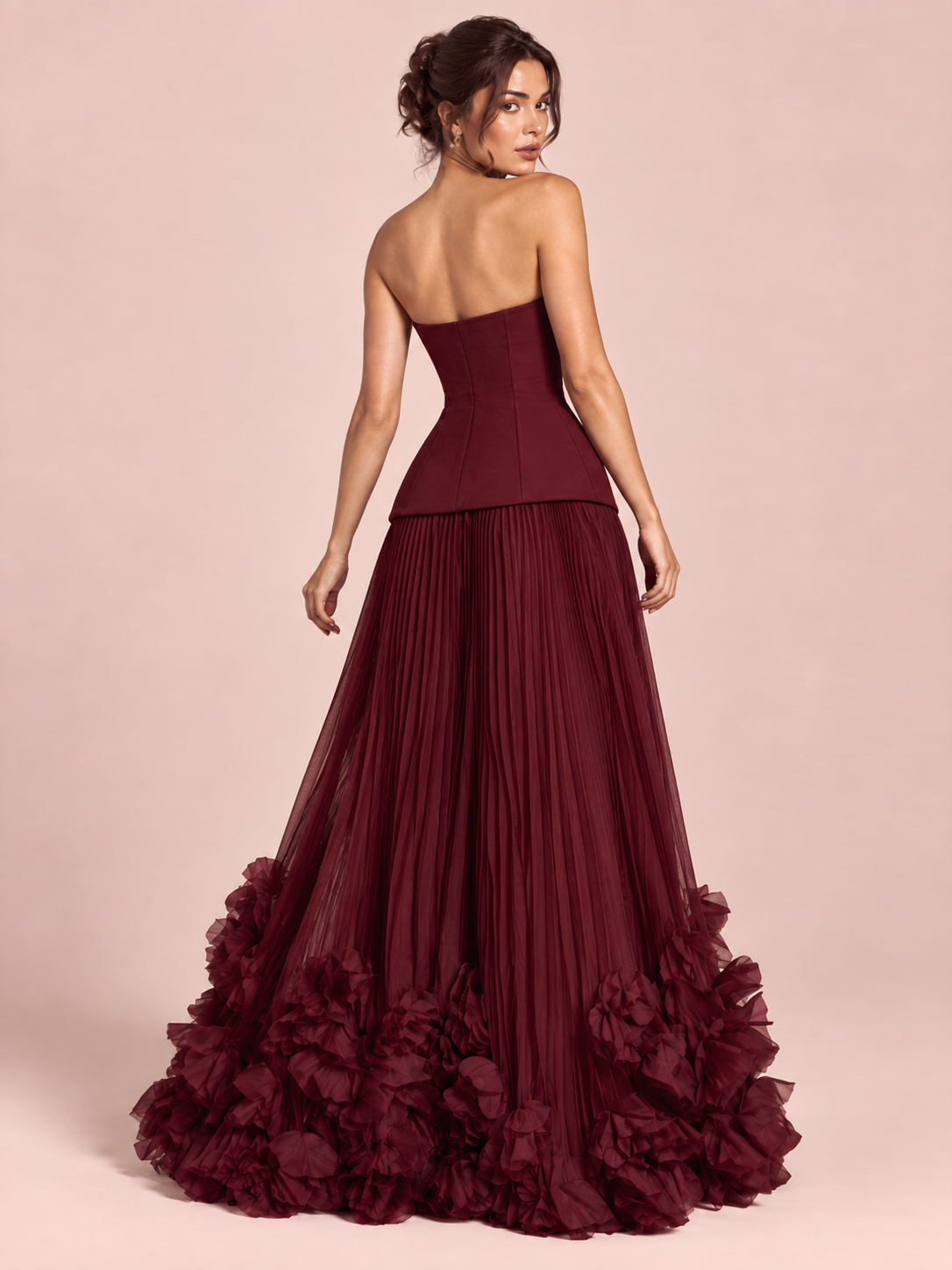 Vestido comprido vermelho cai-cai com pregas
