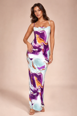Vestido longo estampado de costas nuas