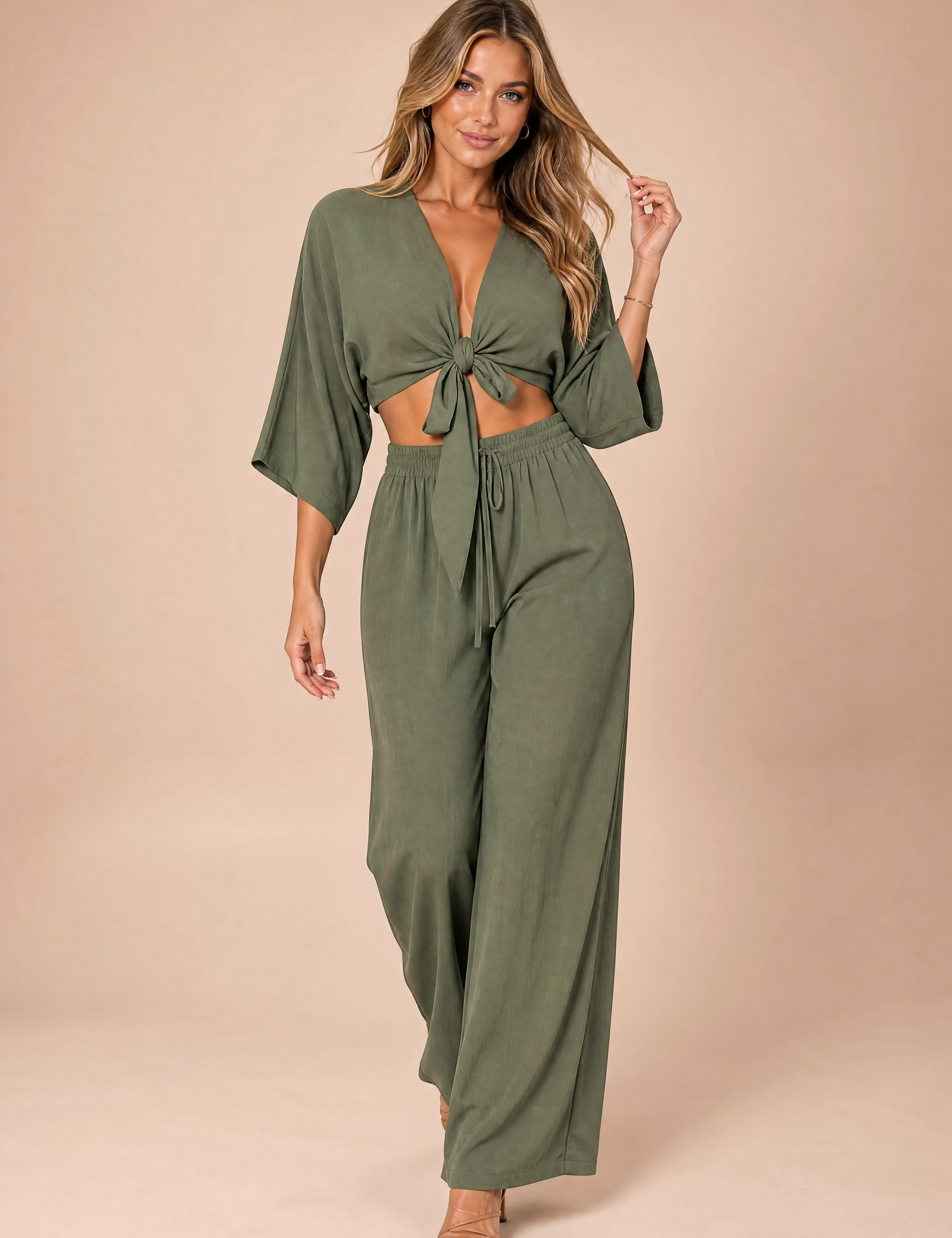 Ensemble crop top noué pantalon large | Vue de face | Lounelle Paris