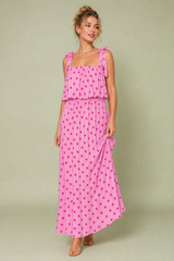 Vestido comprido rosa com bolinhas