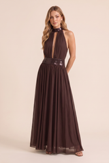 Vestido comprido com decote halter e costas descobertas