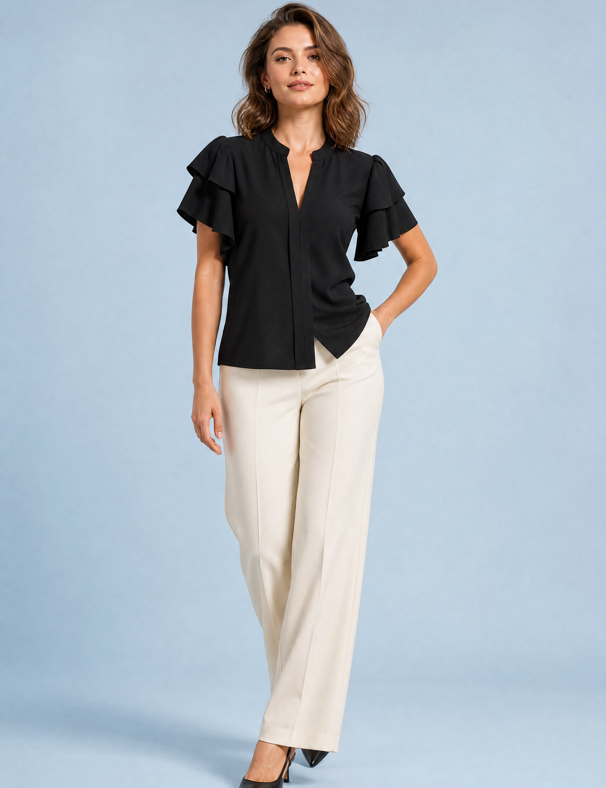 Blouse col V manches volantées | Vue de face | Lounelle Paris