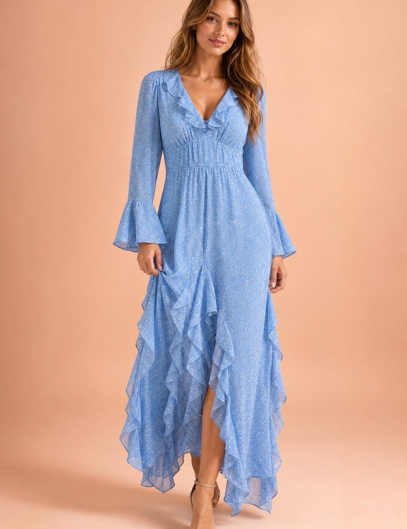 Robe longue bleue à volants | Vue de face | Lounelle Paris